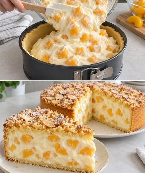 Pfirsich Schmandkuchen mit sahniger Füllung und frischen Pfirsichen
