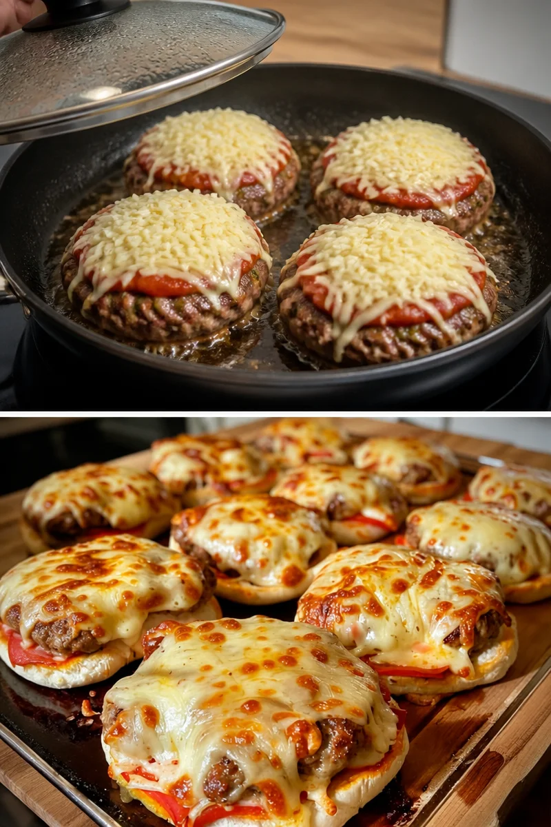 Leckerer Pizza-Burger mit geschmolzenem Käse und frischen Belägen.