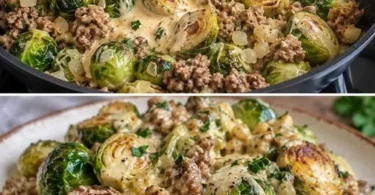 Rosenkohl Hackfleisch Pfanne in cremiger Sahnesauce serviert auf dem Tisch