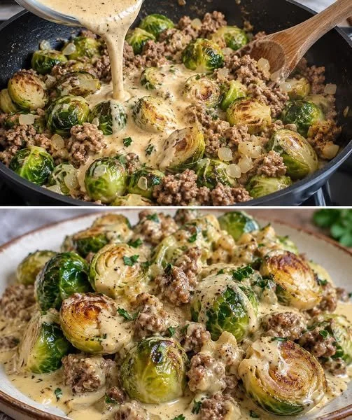 Rosenkohl Hackfleisch Pfanne in cremiger Sahnesauce serviert auf dem Tisch