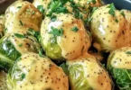 Rosenkohl in cremiger Frischkäse Senfsauce serviert auf einem Teller