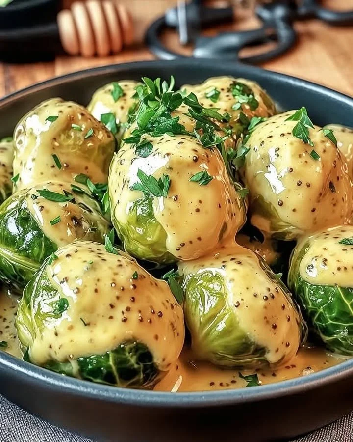 Rosenkohl in cremiger Frischkäse Senfsauce serviert auf einem Teller