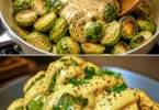 Rosenkohl mit Frischkäse-Senfsauce auf einem Gourmet-Teller serviert.