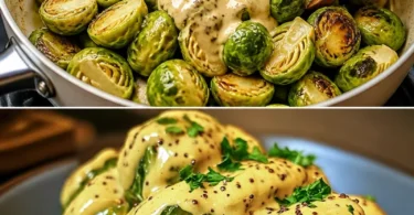 Rosenkohl mit Frischkäse-Senfsauce auf einem Gourmet-Teller serviert.