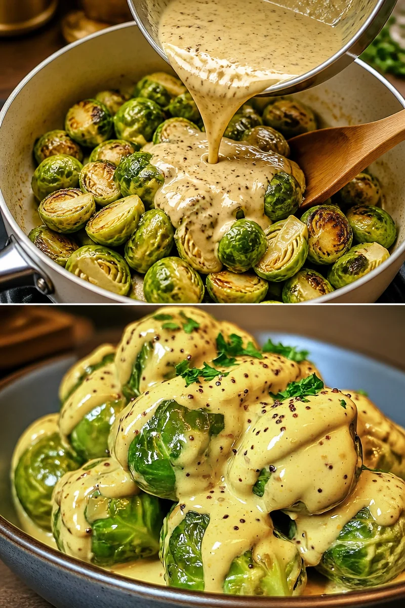 Rosenkohl mit Frischkäse-Senfsauce auf einem Gourmet-Teller serviert.