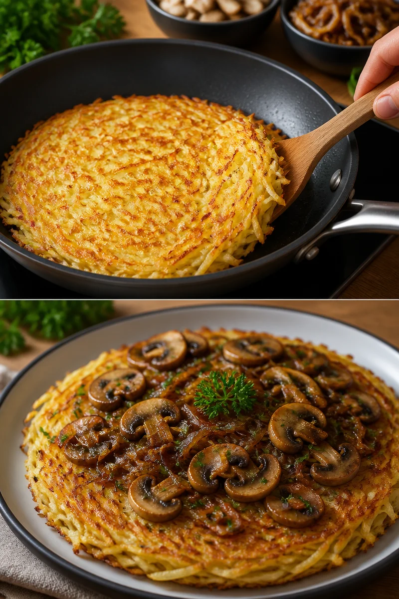 Rösti mit karamellisierten Zwiebeln und sautierten Champignons auf einem Teller