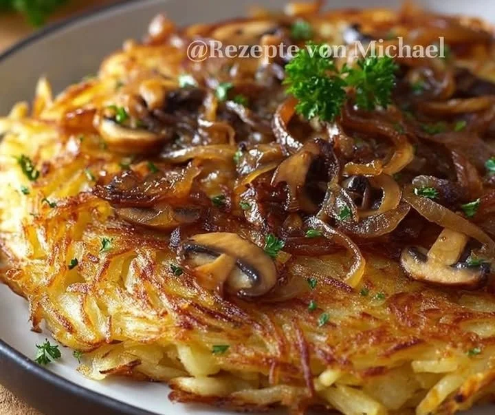 Rösti mit karamellisierten Zwiebeln und sautierten ChampignonsZutaten
- 500 g festkochende Kartoffeln
- 2 große Zwiebeln
- 250 g Champignons
- 3 EL Butter
- 2 EL Olivenöl
- Salz und Pf...