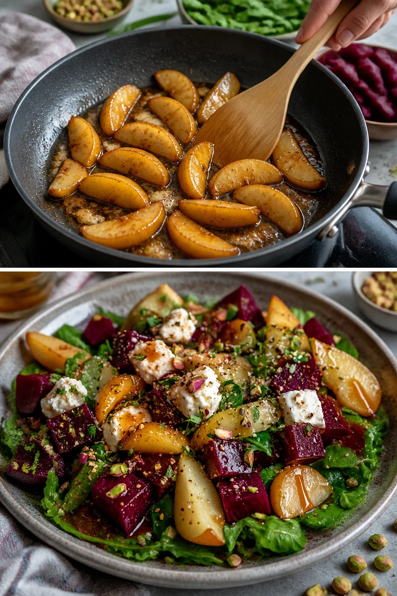 Rote-Bete-Salat mit karamellisierter Birne, Feta und Pistazien-Crunch