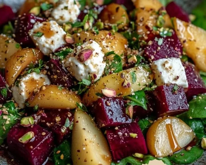 Rote-Bete-Salat mit karamellisierter Birne, Feta und Pistazien-CrunchZutaten:Für den Salat:2 mittelgroße Rote Bete, gekocht und in Würfel geschnitten
2 reife Birnen, in Spalten geschnitten
100...