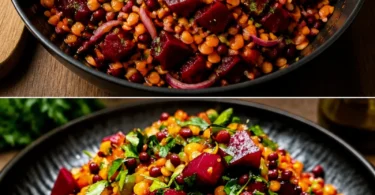 Rote Linsen-Salat mit Roter Bete auf einem Teller angerichtet