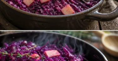 Eine Schüssel mit frisch zubereitetem Rotkohl, serviert mit Gewürzen.