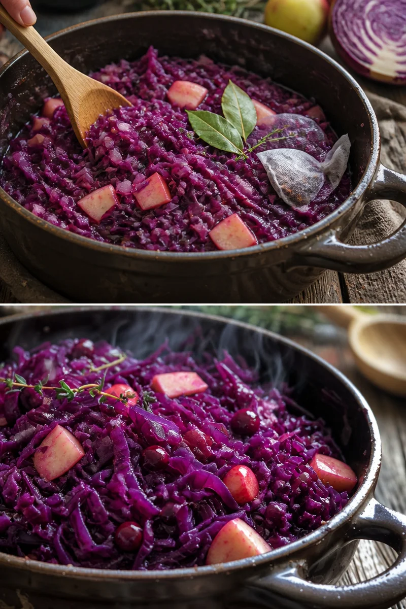 Eine Schüssel mit frisch zubereitetem Rotkohl, serviert mit Gewürzen.