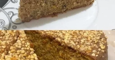 Saftiger Nusskuchen mit Nüssen und Schokolade auf einem Teller