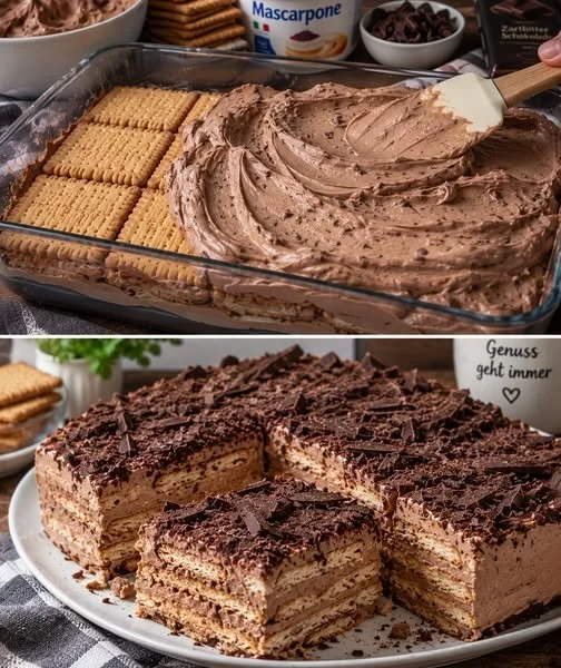 Schoko Mascarpone Dessert ohne Backen in einer eleganten Servierform