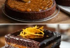 Schokoladen-Orangen-Torte mit Sahne und orangenen Zesten dekoriert