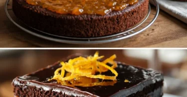 Schokoladen-Orangen-Torte mit Sahne und orangenen Zesten dekoriert