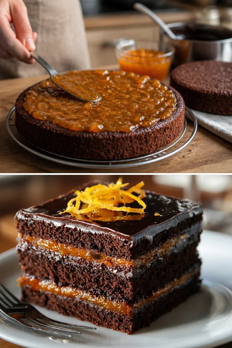 Schokoladen-Orangen-Torte mit Sahne und orangenen Zesten dekoriert