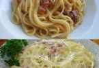 Spaghetti alla Carbonara nach Südtiroler Art auf einem Teller serviert