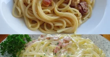 Spaghetti alla Carbonara nach Südtiroler Art auf einem Teller serviert