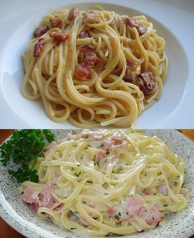 Spaghetti alla Carbonara nach Südtiroler Art auf einem Teller serviert