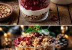 Spekulatius-Mascarpone-Dessert mit Preiselbeermarmelade in einer eleganten Schüssel