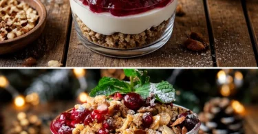 Spekulatius-Mascarpone-Dessert mit Preiselbeermarmelade in einer eleganten Schüssel