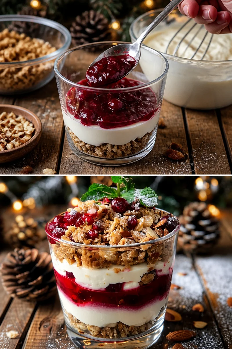 Spekulatius-Mascarpone-Dessert mit Preiselbeermarmelade in einer eleganten Schüssel