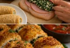 Spinat-Feta-Hähnchenrollen auf einem Teller serviert