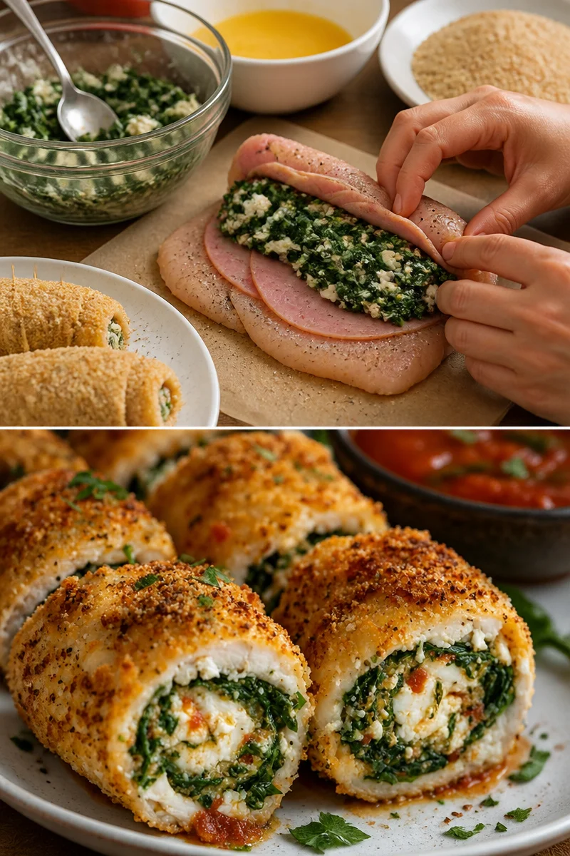 Spinat-Feta-Hähnchenrollen auf einem Teller serviert
