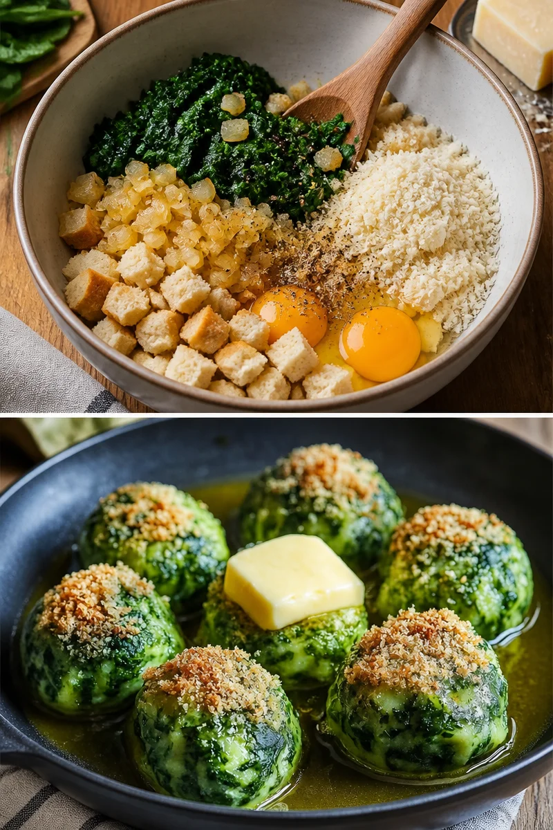 Traditionelle Südtiroler Spinatknödel serviert mit Sauce.