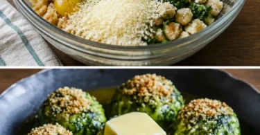 Südtiroler Spinatknödel mit Butter und Parmesan serviert auf einem Teller