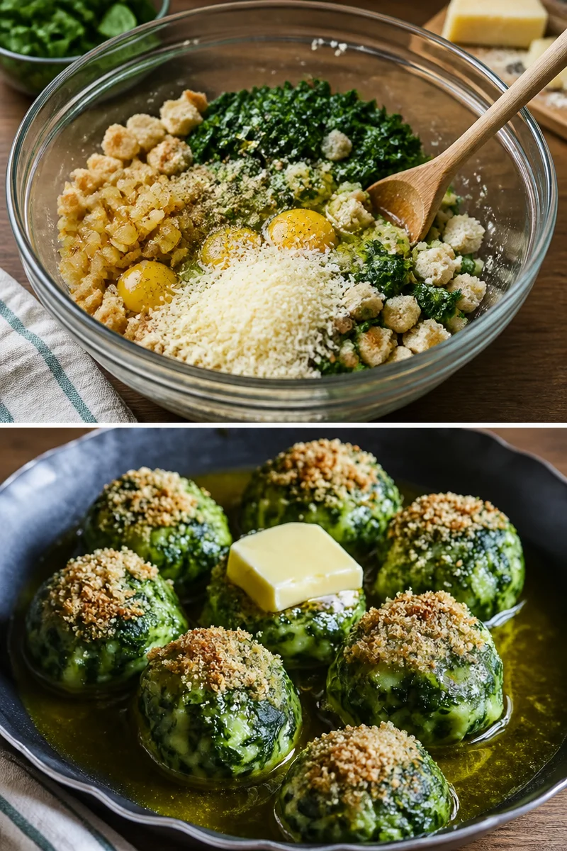 Südtiroler Spinatknödel mit Butter und Parmesan serviert auf einem Teller