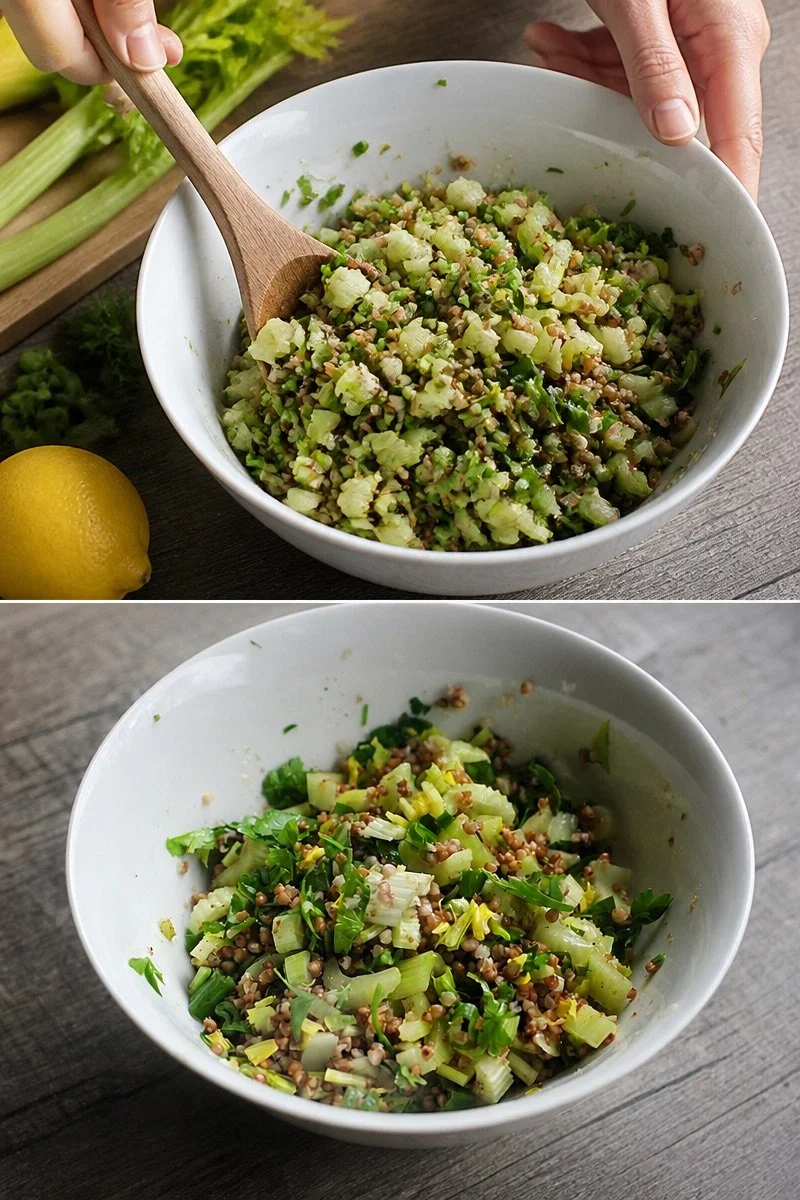 Süßsaurer Buchweizensalat mit Petersilie und Staudensellerie