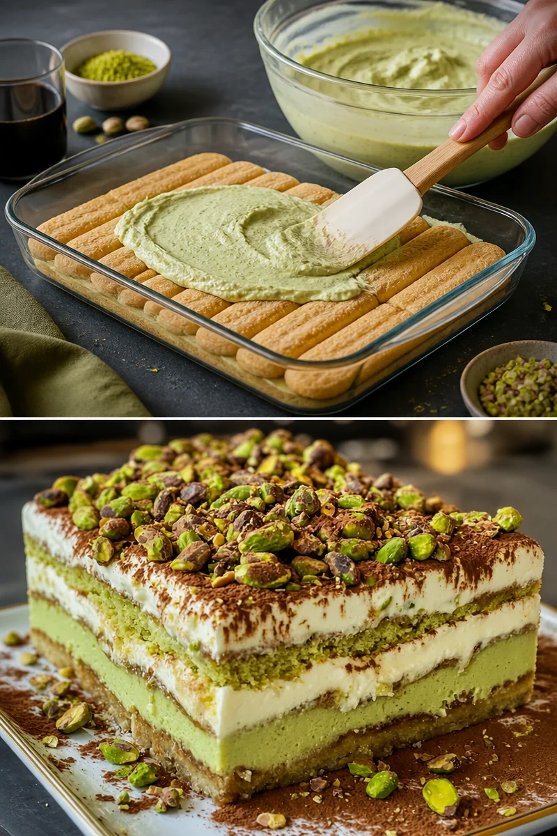 Delikates Tiramisu mit Pistazien auf einem Teller serviert.