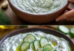 Hausgemachtes Tzatziki mit Joghurt, Gurken und Knoblauch in einer Schüssel.