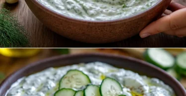 Hausgemachtes Tzatziki mit Joghurt, Gurken und Knoblauch in einer Schüssel.