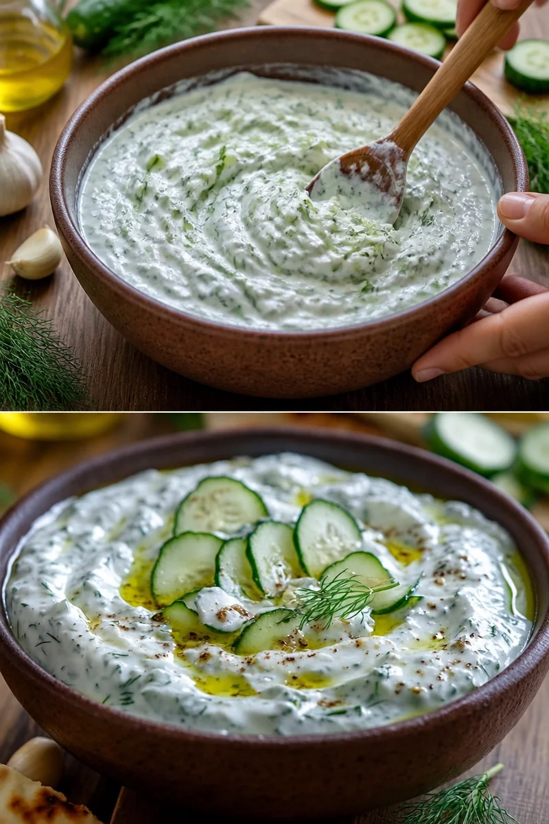 Hausgemachtes Tzatziki mit Joghurt, Gurken und Knoblauch in einer Schüssel.