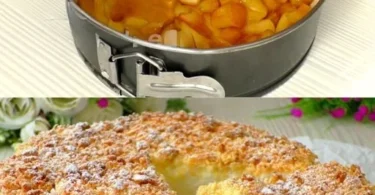 Ultracremiger Apfel Schmandkuchen mit frisch gebackenem Teig und Äpfeln.