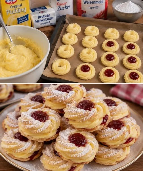 Vanille Puddingplätzchen mit Marmelade auf einem Teller
