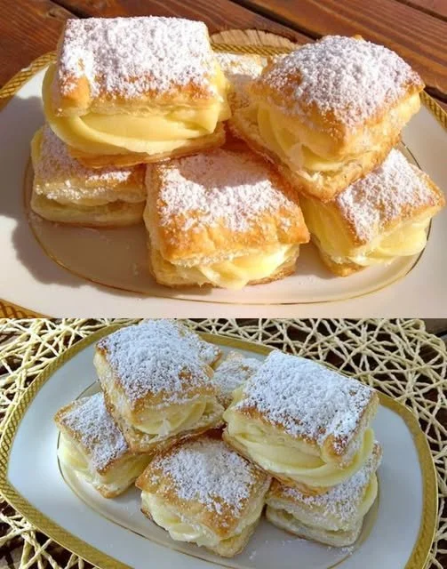 Vanillecremepudding im Blätterteig auf einem Teller serviert