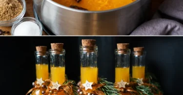Flasche selbstgemachter Weihnachtslikör mit Gewürzen und Karamell