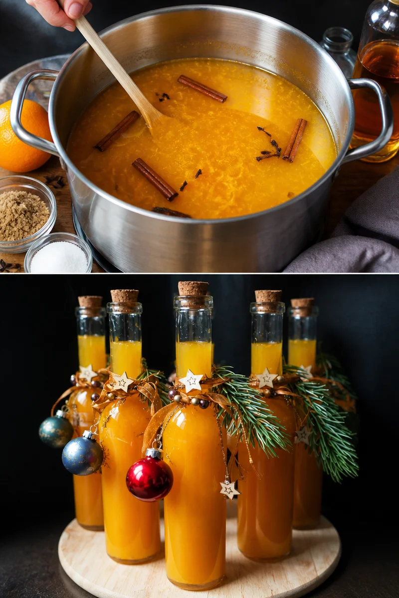 Flasche selbstgemachter Weihnachtslikör mit Gewürzen und Karamell