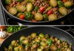 Würzige Rosenkohl-Hackfleisch-Pfanne serviert in einer Pfanne