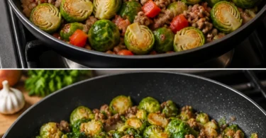 Würzige Rosenkohl-Hackfleisch-Pfanne serviert in einer Pfanne