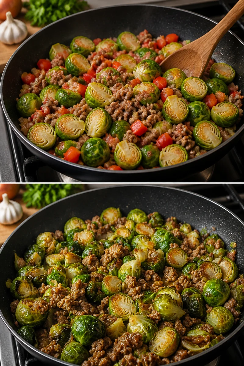 Würzige Rosenkohl-Hackfleisch-Pfanne serviert in einer Pfanne