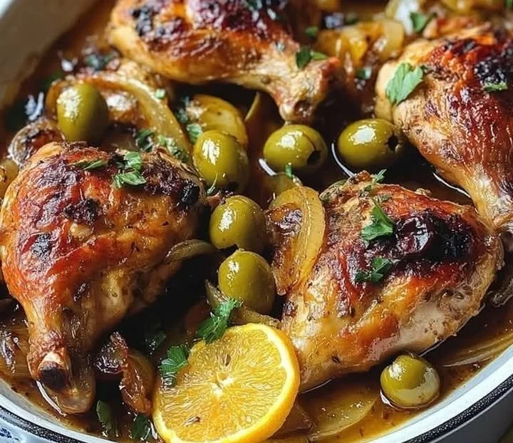 Zart geschmortes Hähnchen mit Oliven und Zitrusfrüchten