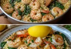 Zitronen-Knoblauch-Garnelen mit Spinat-Orzo auf einem Teller serviert