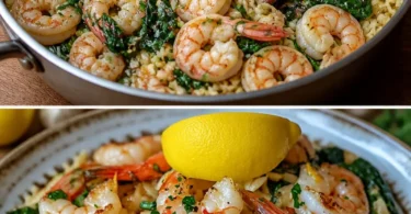 Zitronen-Knoblauch-Garnelen mit Spinat-Orzo auf einem Teller serviert