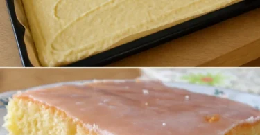 Zitronenkuchen vom Blech, saftig und erfrischend auf einem Blech serviert