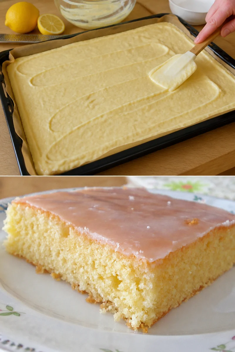 Zitronenkuchen vom Blech, saftig und erfrischend auf einem Blech serviert